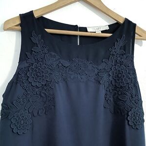 Loft • navy blue drop waist cotton dress with lace and applique detail • L